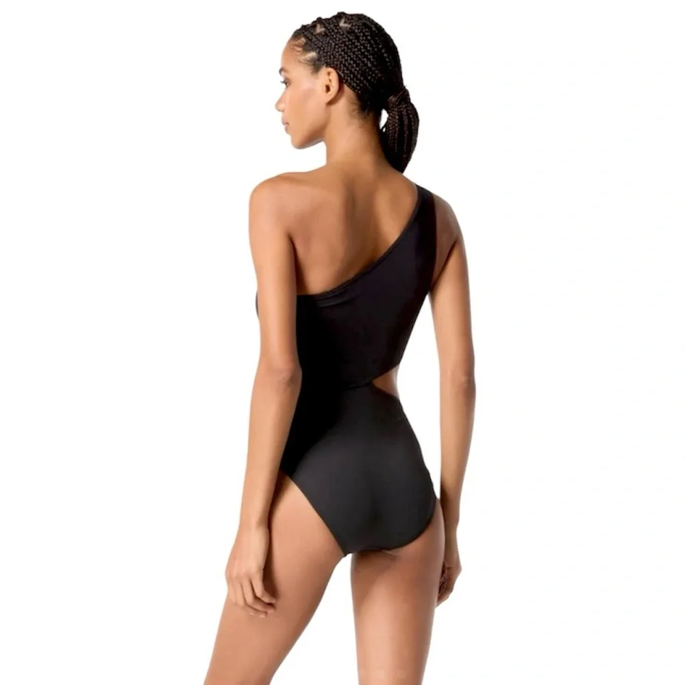 NEW Michael Kors One Shoulder O-Ring Black Cut-Out One Piece Swimsuit, Size 8